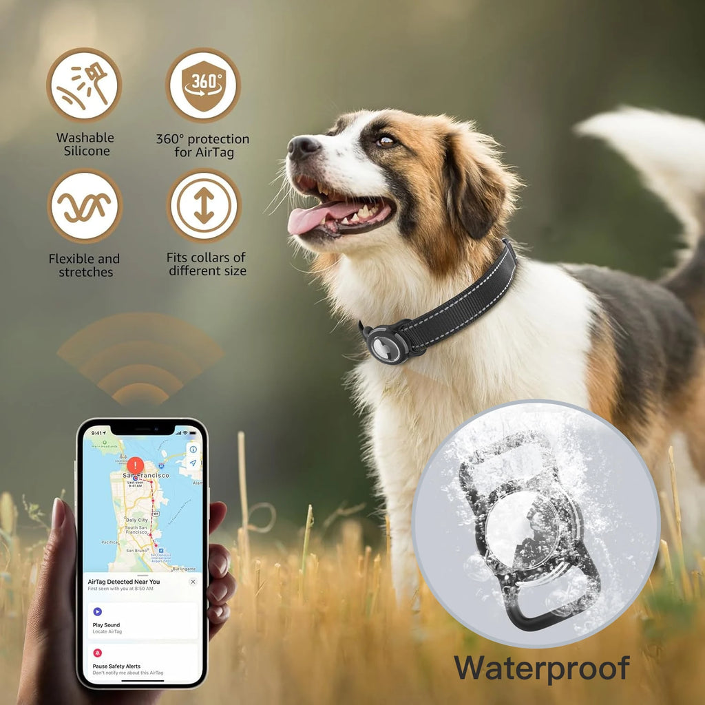Waterproof AirTag Dog Collar & Reflective Dog Leash Set with Tracker Holder for Apple Tag,Adjustable Pet Collar for Large Dogs