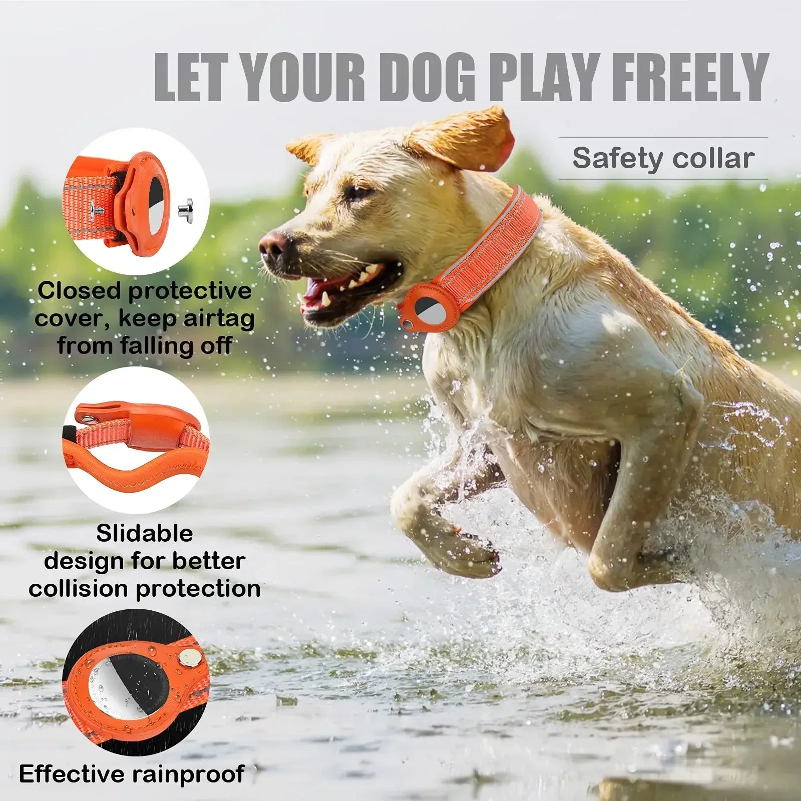 Waterproof Anti-Lost Dog Collar Padded Collars with AirTag Holder GPS Tracker Protective Case Adjustable Collar for Large Dogs