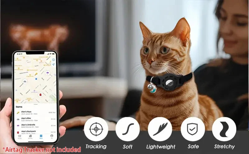 Fashion Airtag Pet Collar Adjustable Elastic Nylon Puppy Cat Collar with Bell Anti-lost GPS Tracker
