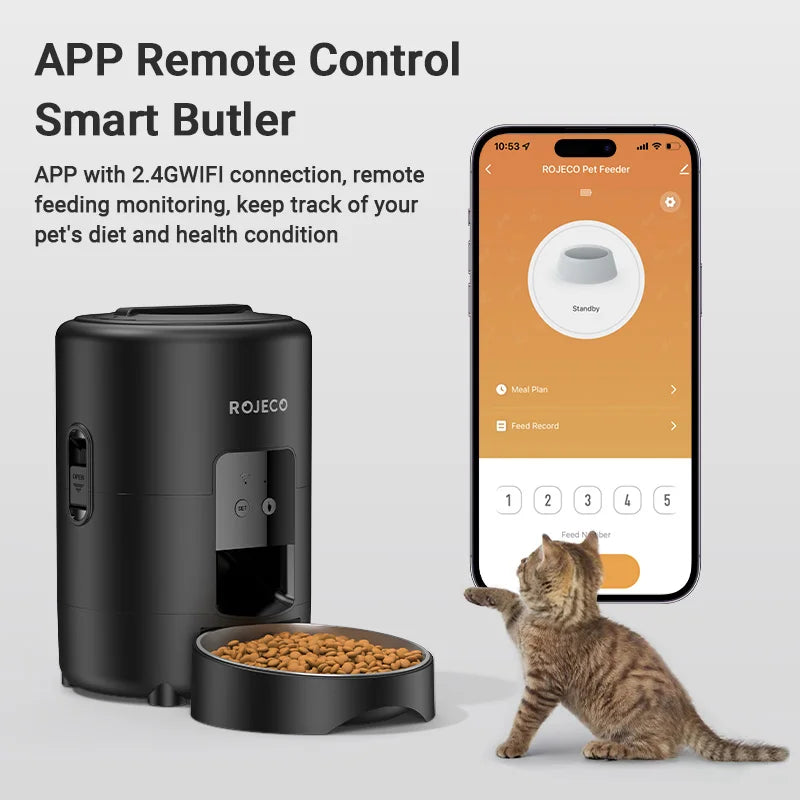 Wi-Fi Enabled ROJECO 2L Pet Feeder: Precise Portions for Cats & Dogs Remotely