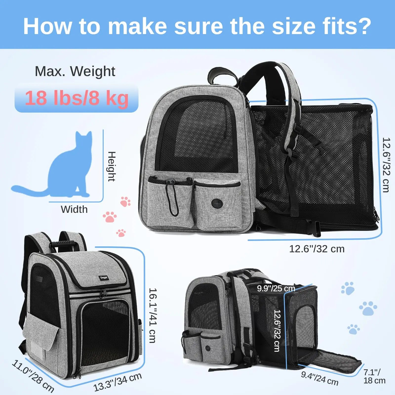 Dogat Pet Backpack Portable  & Breathable Cat/dogs Carrier with Mesh Window Foldable