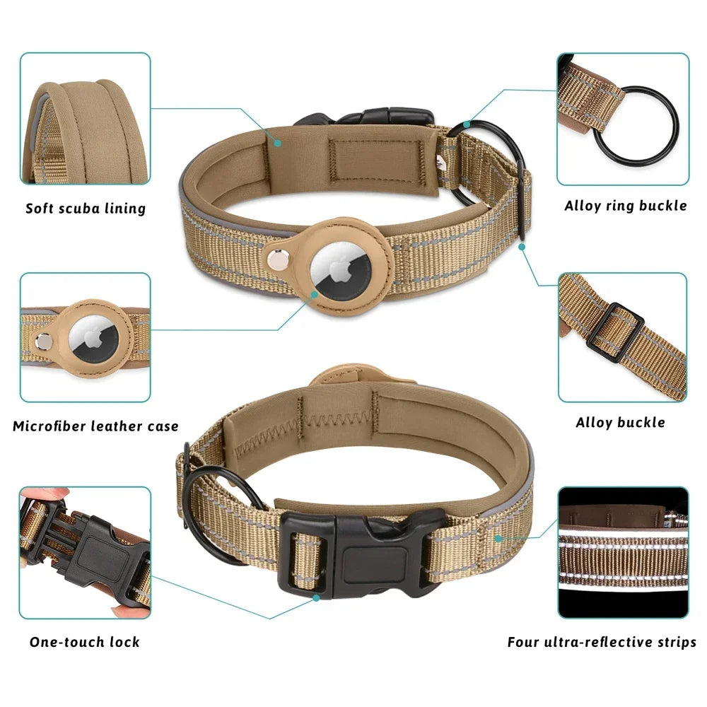 Waterproof Anti-Lost Dog Collar Padded Collars with AirTag Holder GPS Tracker Protective Case Adjustable Collar for Large Dogs