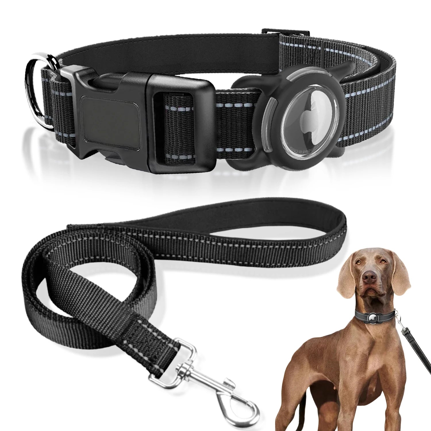 Waterproof AirTag Dog Collar & Reflective Dog Leash Set with Tracker Holder for Apple Tag,Adjustable Pet Collar for Large Dogs