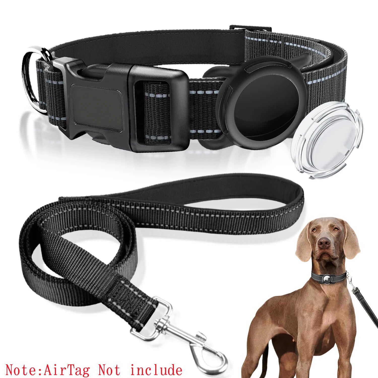Waterproof AirTag Dog Collar & Reflective Dog Leash Set with Tracker Holder for Apple Tag,Adjustable Pet Collar for Large Dogs