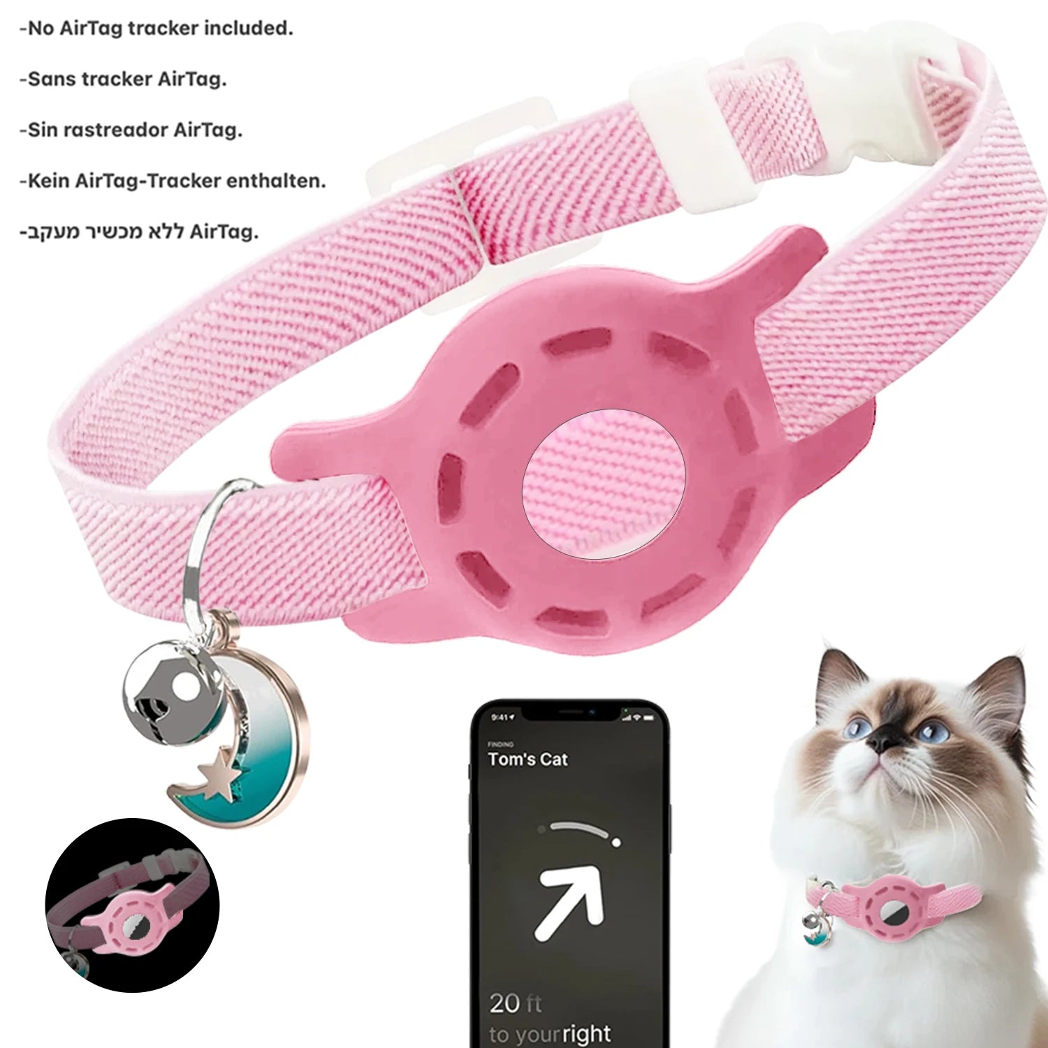 Fashion Airtag Pet Collar Adjustable Elastic Nylon Puppy Cat Collar with Bell Anti-lost GPS Tracker